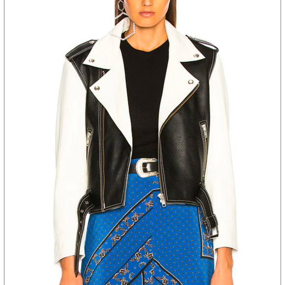 Ganni Black/White Heavy Leather Biker Full Zip Jacket, size EU40/US8-10 - Picture 1 of 11